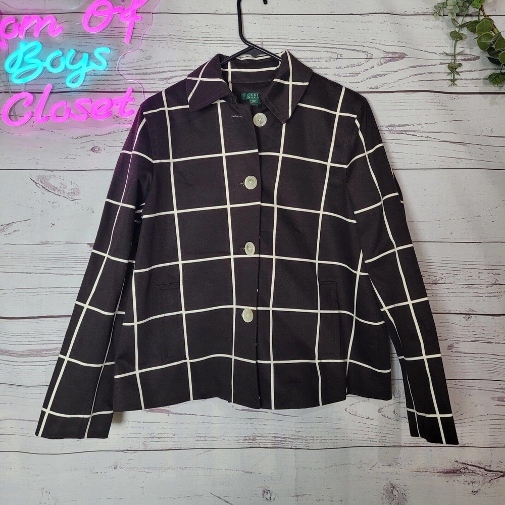 Lauren Ralph Lauren Brown White Window Pane Long Sleeve Blazer Womans Size Large